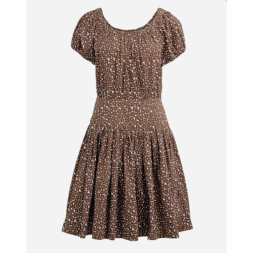 NWT J. Crew Brown Smocked Puff Sleeve Mini Dress Mocha Floral Sz 4